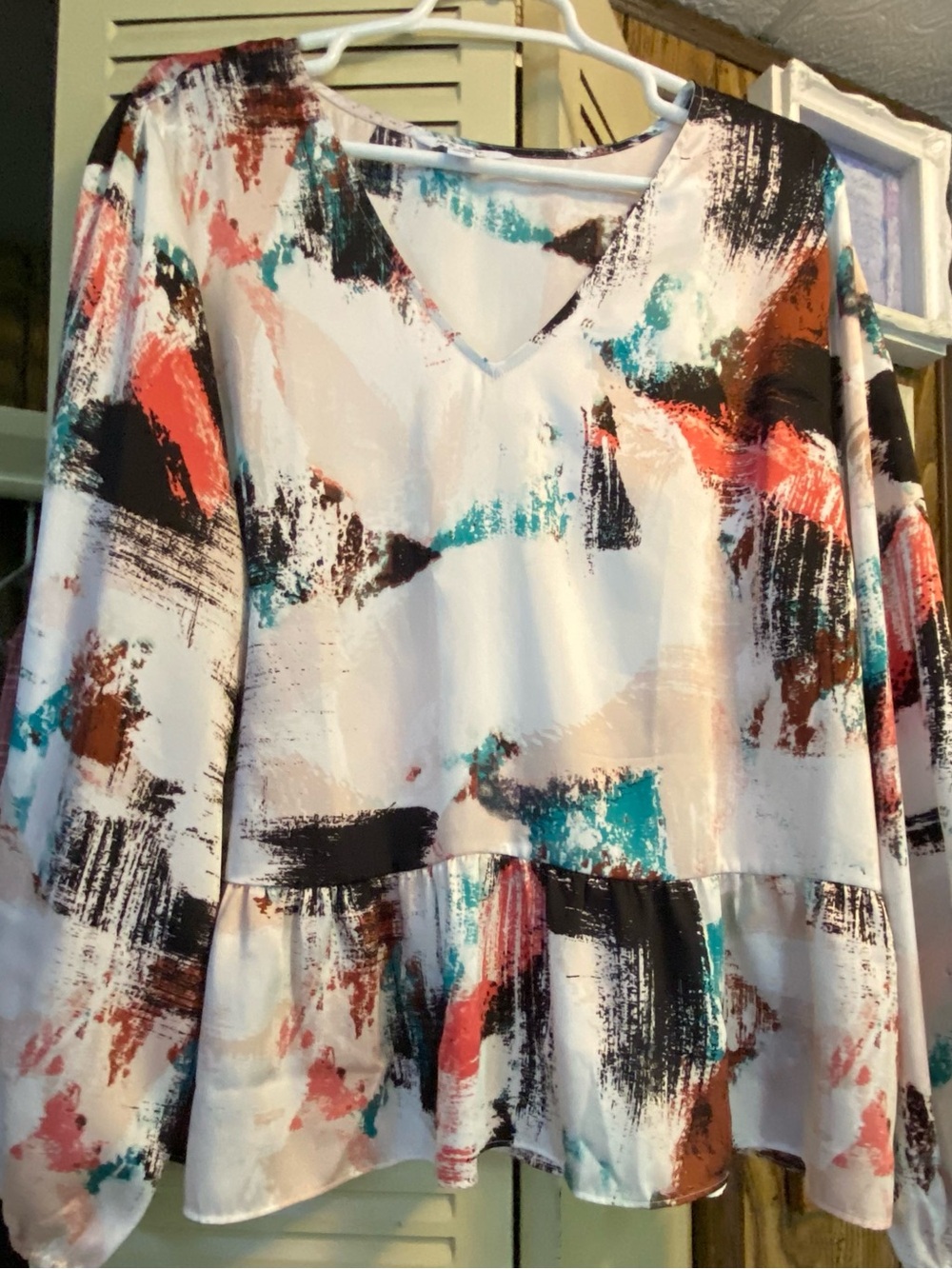 Nine West White Multi Abstract Brushstroke V-Neck Peplum Top